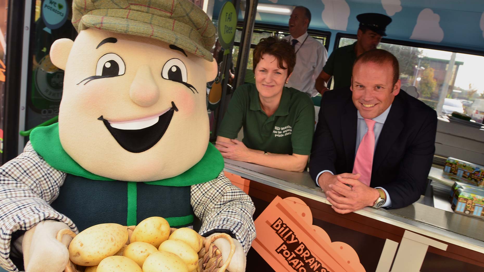 Billy Branston on his Amazing Potato Factory tour bus with Branston Communications Manager Jackie Baker and Sales and Marketing Director James Truscott. Photo: Steve Smailes for The Lincolnite