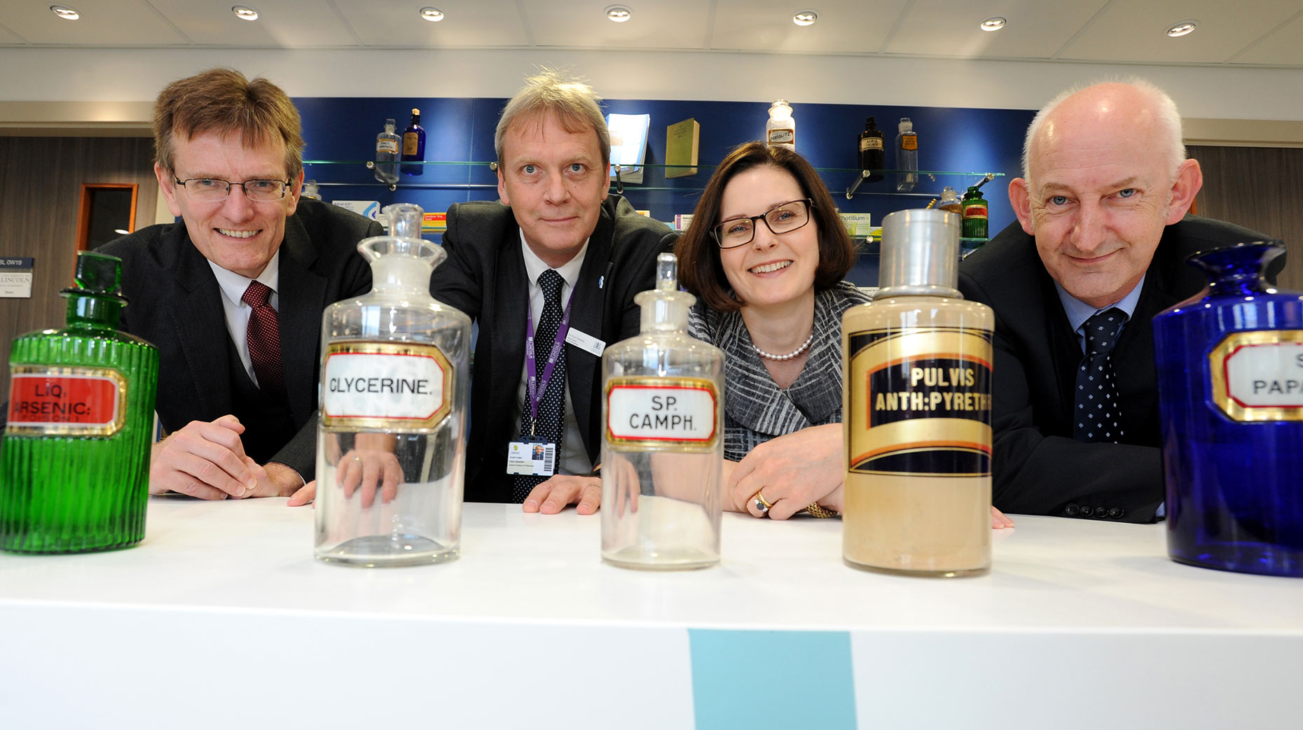 Professor Andrew Hunter (Pro Vice Chancellor and Head of the College of Science, University of Lincoln); Dr Paul Grassby (Head of the School of Pharmacy, University of Lincoln); Ursula Lidbetter (Chief Executive, Lincolnshire Co-op) and Alastair Farquhar (Head of Pharmacy, Lincolnshire Co-op) Photo: UoL
