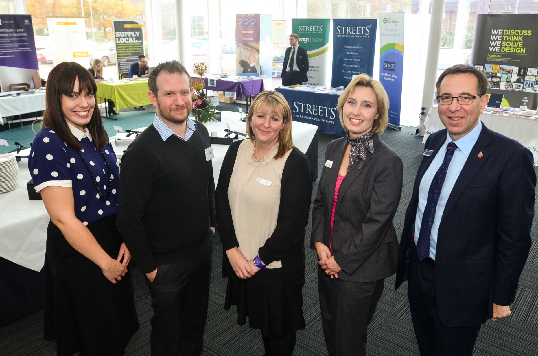Conference organisers: Charlotte Baxter, Project Manager at Lincolnshire Chamber of Commerce, Andy Clayton, Business Development and Online Specialist Marketer at Ruddocks, Vicky Addison, Head of Business Incubation and Growth at the University of Lincoln, Samantha Harrison, Enterprise Growth Manager at Lincolnshire County Council, and James Pinchbeck, Marketing Partner at Streets Chartered Accountants. Photo: Steve Smailes for the Lincolnite