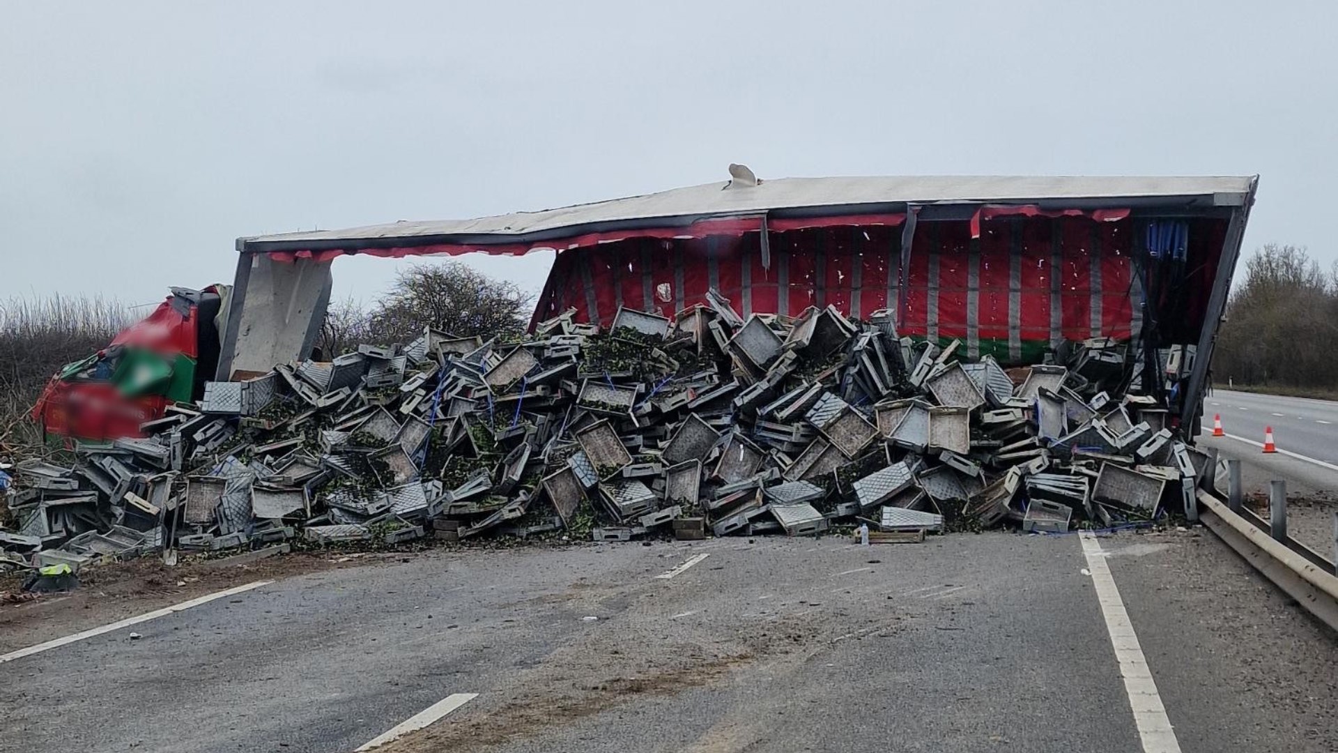 Overturned Lorry Accident Caused By Deer Running Across A1