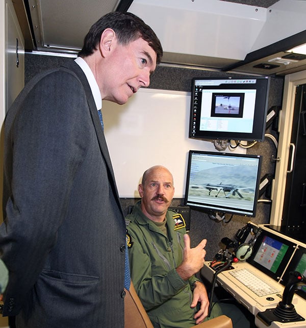 A drone control room at RAF Waddington near Lincoln. In 2012 the Minister for Defence Equipment, Support and Technology - Mr Philip Dunne MP visited RAF Waddington in order to receive capability briefings and further his knowledge of the RAF's current and future ISTAR capability.