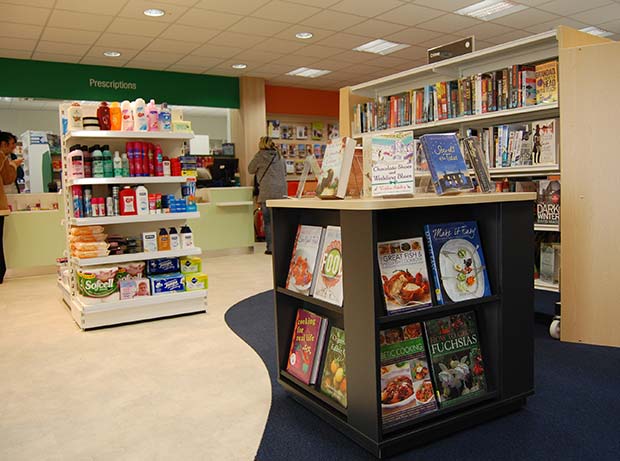 Inside the Waddington library and pharmacy run with Lincolnshire Co-op and volunteers.