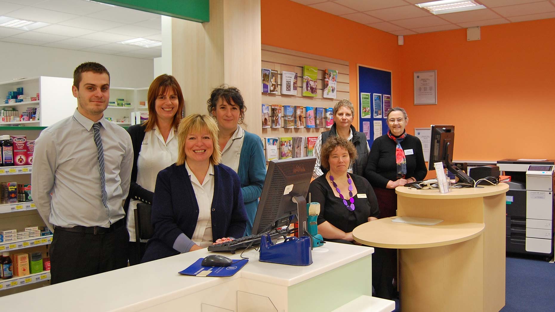 The Waddington Pharmacy team (L): Pharmacist Chris Donnan, Karen Barker and Rachel Aloi and Rachel Hart, along with members of the county council’s Library Services team (R) Cathy Rushton and Jill Trowsdale and volunteer Alison Peden.