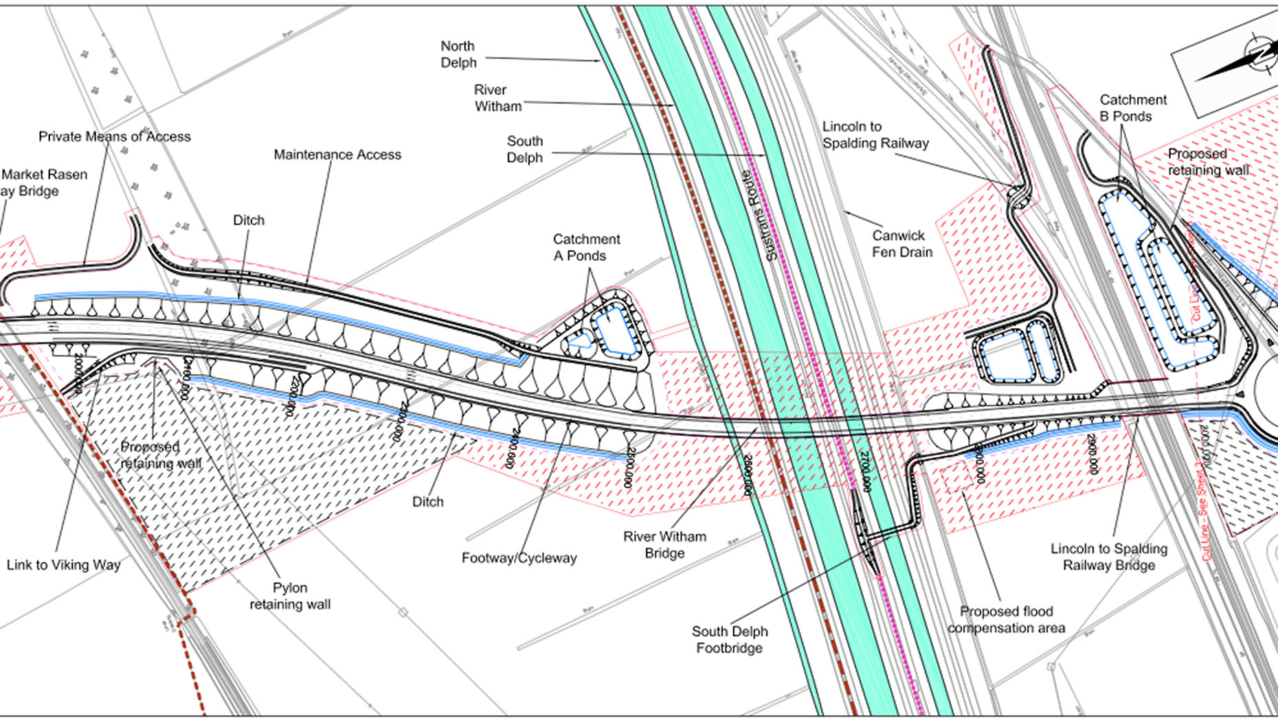 A bridged section of the new bypass, going over the River Witham and South Delph, towards Washingborough.