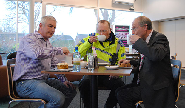 Lincolnshire YMCA Chief Executive Malcolm Barham has coffee and tea with PCC Alan Hardwick and PSCO David Freeman at The Showroom in Lincoln.