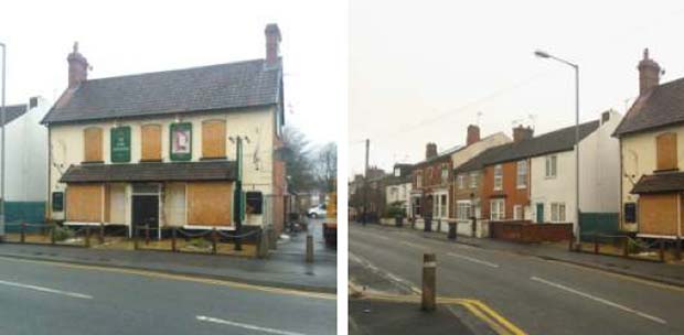 ￼View of the disused Lord Tennyson pub from the front, and looking west along Rasen Lane.