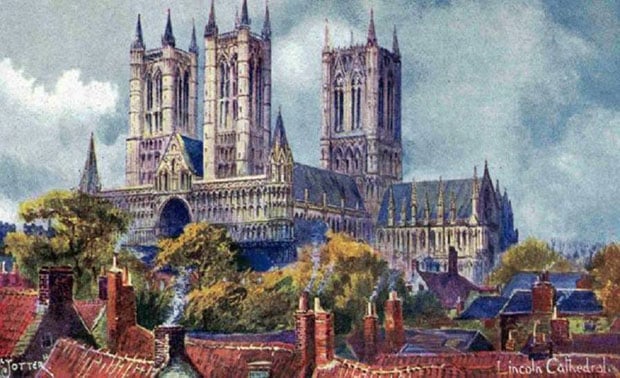 A 1906 painting for postcard of Lincoln Cathedral.