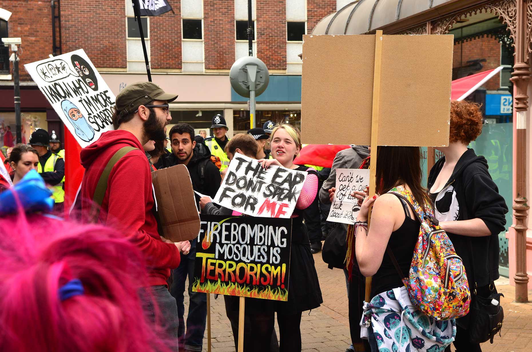 Signs at the anti-racism demo in Cornhill. Photo: Steve Smailes for The Lincolnite