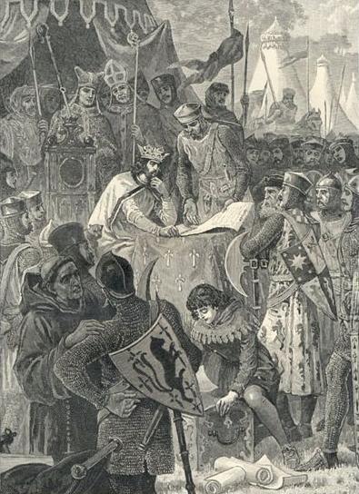 King John signing the Magna Carta, with Archbishop Langton looking on.