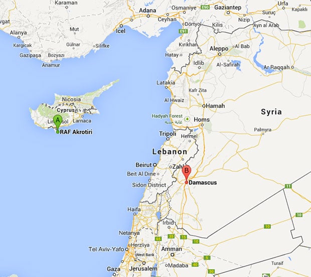 RAF Akrotiri in Cyprus and Damascus in Syria. Map: Google