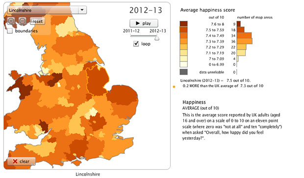 The happiness score for Lincolnshire, in comparison to other counties and districts in the UK. Photo: ONS