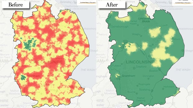 A before and after of the county once the scheme is rolled out. The red highlights the present not-spots in the county, yellow is limited speeds, and green is super fast broadband. Photos: Lincolnshire Research Observatory