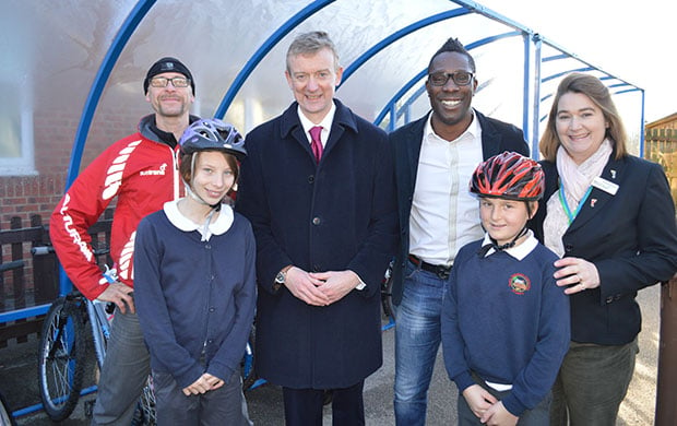Sustrans’ Vincent Gibson, student Eve Beer (11), Headteacher Mr Jon Richardson, former Lincoln City captain Dean Walling, student Lewis Morley (10) and Victoria Wade from the Access LN6 team. Photo: Lincolnshire County Council