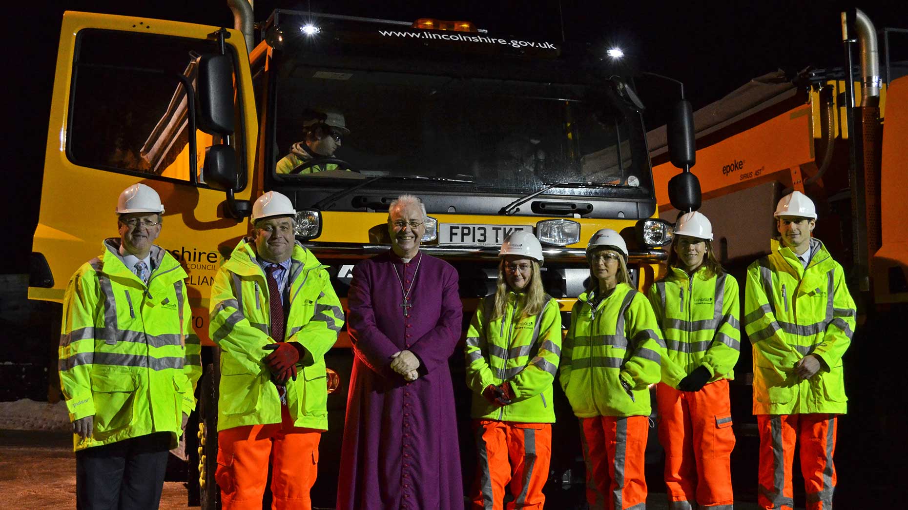 The Bishop of Lincoln with the Lincolnshire Highways team at the Sturton by Stow depot.