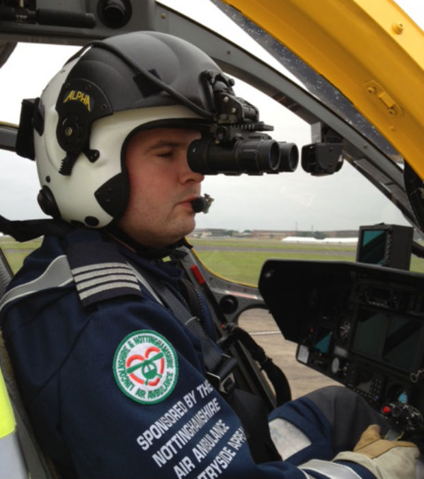 Captain Tim Taylor uses the night vision goggles. Photo: Lincolnshire and Nottinghamshire Air ambulance.
