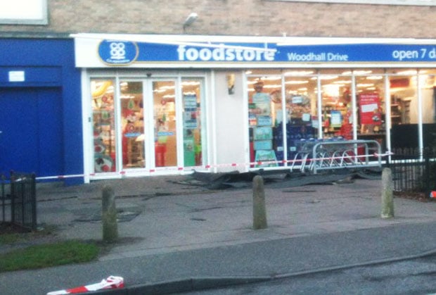 Wind damage to the Co-op store on Woodhall Drive. Photo: Hazel Johnson