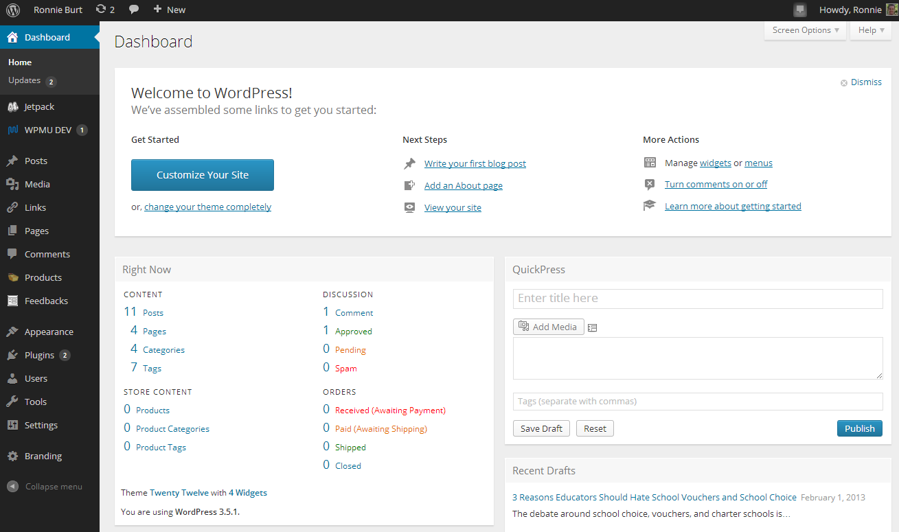 The new WordPress CMS dashboard