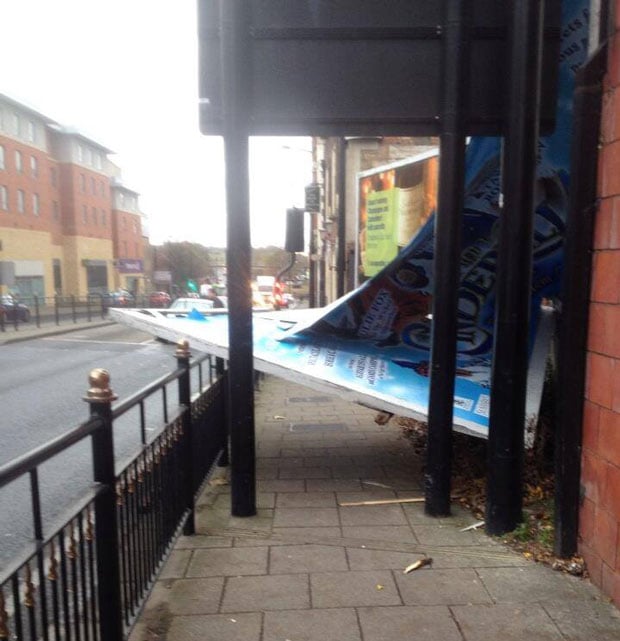 An advertising board was damaged by the wind and blocked the pavement on Broadgate.