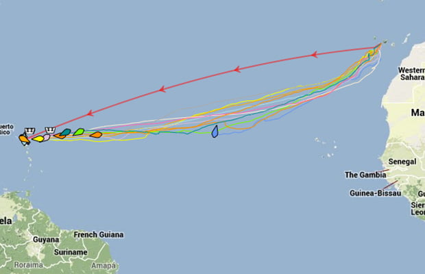 Here's how their 3,000 nautical mile journey looked. 2 Boys in a Boat in grey.