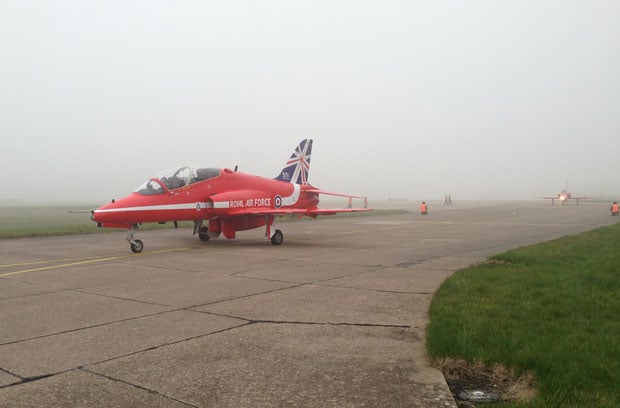 A foggy departure from RAF  Scampton for the Red Arrows.