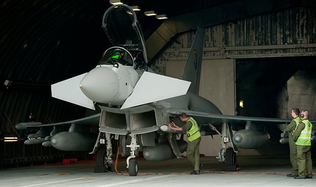 The Typhoons are prepared for flight at RAF Coningsby. Photo: MoD