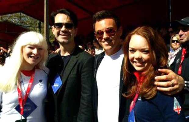 (L-R) Paralympic ski racer Kelly Gallagher, Jimmy Carr, Tom Daley and Lincoln's Paralympian Jade Etherington congratulated fundraisers at the London Marathon finish line. Photo: Jade Etherington Facebook