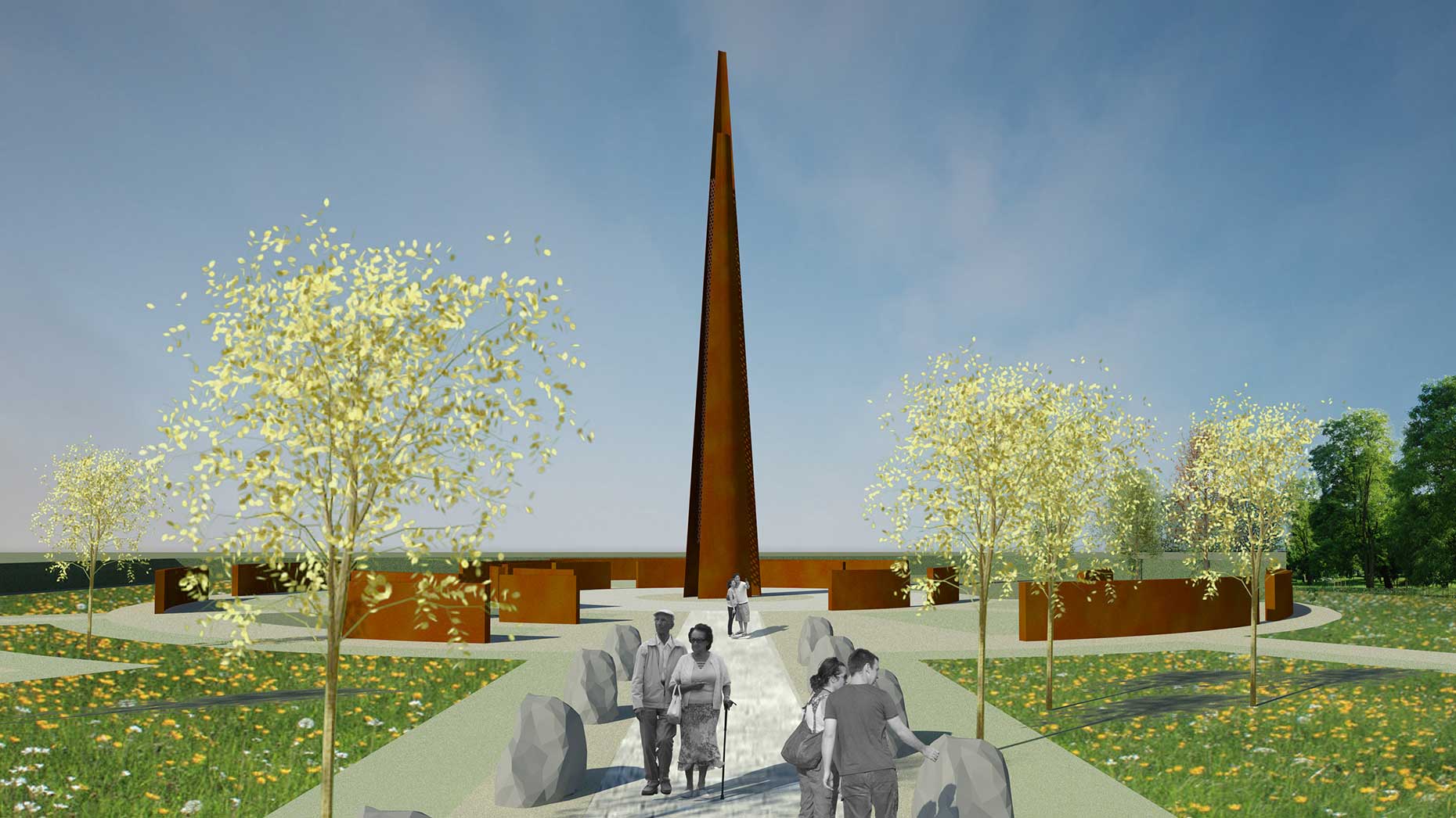 The new Memorial Spire will not have names on it, but on walls around it.
