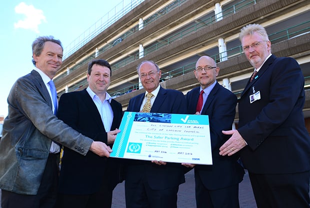 L-R: Team Leader Rod Williamson, Cllr Neil Murray, Lincolnshire PCC Alan Hardwick, Force Crime Prevention Advisor John Manual and Peter Gravells, Area Manager for the British Parking Association. Photo: Steve Smailes for The Lincolnite