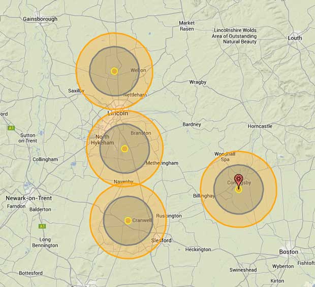 The nuclear fallout in Lincolnshire according to National Archive Cold War nuke targets. Photo: Nukemap by Alex Wellerstein