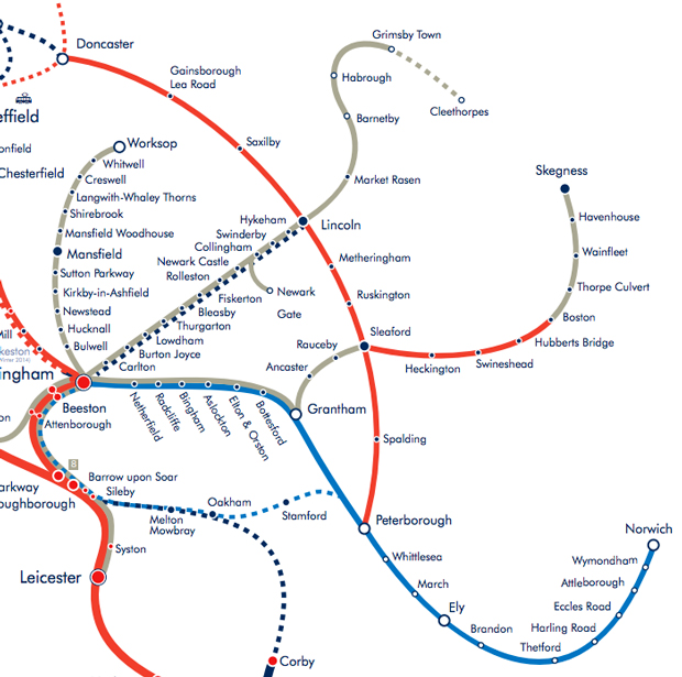 Affected routes show in red. Source: East Midlands Trains