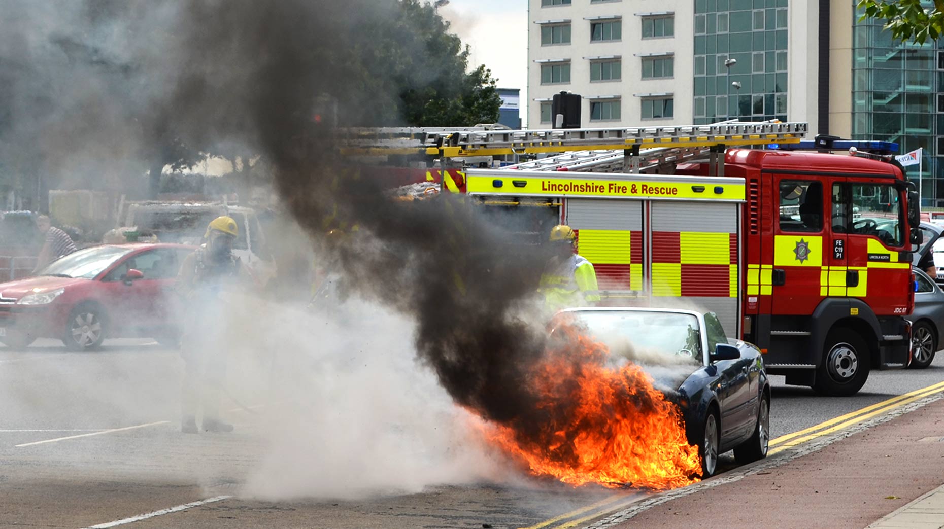The scene after an Audi A4 convertible caught fire on Rope Walk in Lincoln. Photo: Emily Norton for The Lincolnite