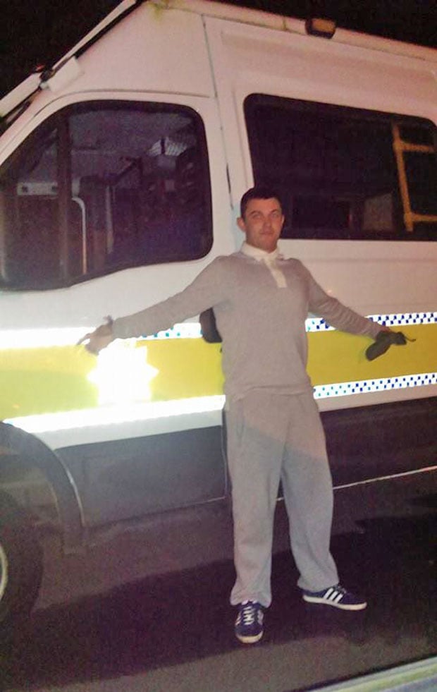 On his night escapade, wanted man Aaron Bee posed leaning on a Lincolnshire Police van.