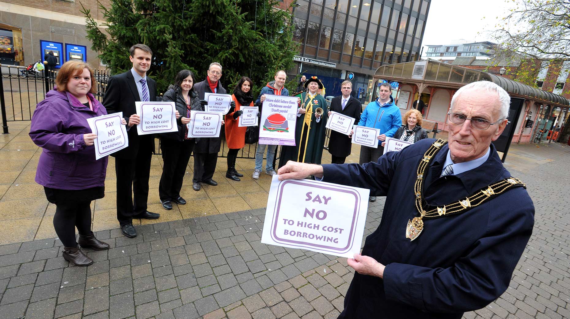 Partners from Lincoln Against Poverty’s ‘Say no to high cost borrowing’ campaign are joined in the city centre by Mayor of Lincoln, Councillor Brent Charlesworth. Photo: Stuart Wilde