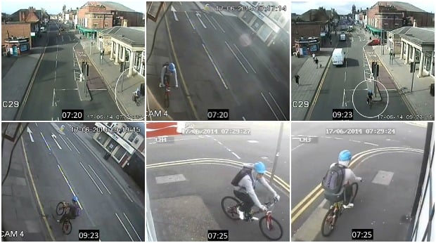Still images showing Tsang on the cycle, coming into Lincoln and then leaving after the murder. Photos: Lincolnshire Police