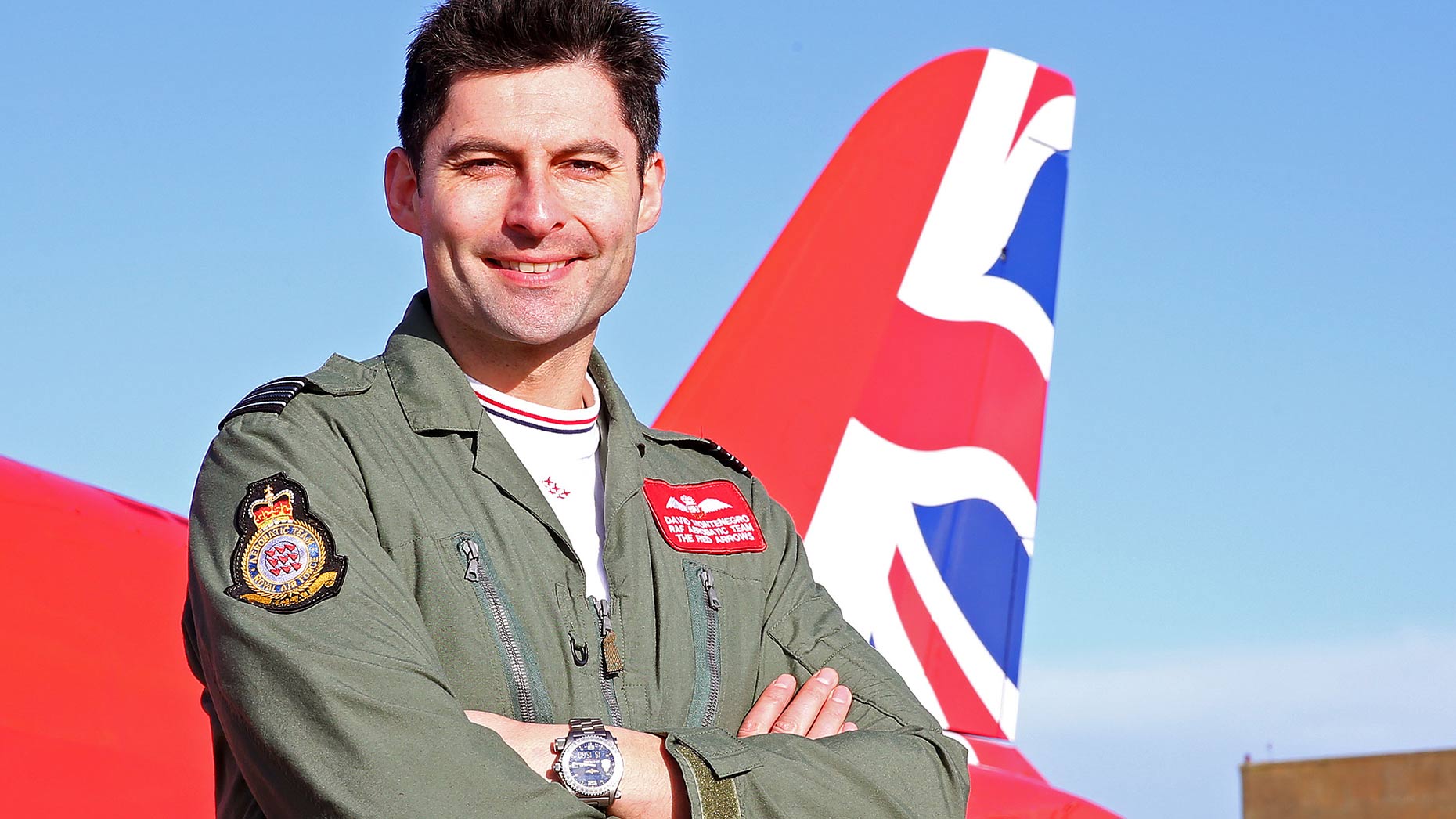 Squadron Leader David Montenegro, Red 1 and Team Leader of the Royal Air Force Aerobatic Team, with the new Union flag tailfin. Photo Craig Marshall, MoD/Crown Copyright 2015. 