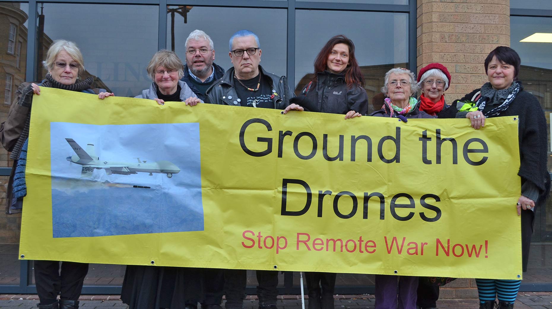 The four protesters who broke into RAF Waddington with their supporters outside court.