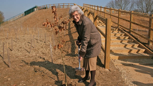 Cllr Mrs Marion Brighton planted oak trees around the area of the new bridge to celebrate the opening. Photo NKDC