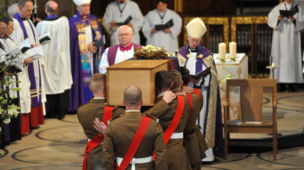 Colour Sergeant Wayne Sheils and Sergeant Matt Hardy also helped the Bearer Party lower the coffin into a specially designed tomb in front of the Cathedral altar.