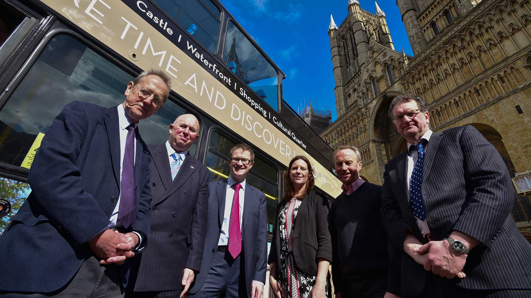 Leader of the City of Lincoln Council Ric Matcalfe, Lincolnshire County Councillor Colin Davie, David Horne of Virgin Trains East Coast, Emma Tatlow from Visit Lincoln, Michael Armstrong, John Plumridge from the University of Lincoln. Photo: Steve Smailes for The Lincolnite