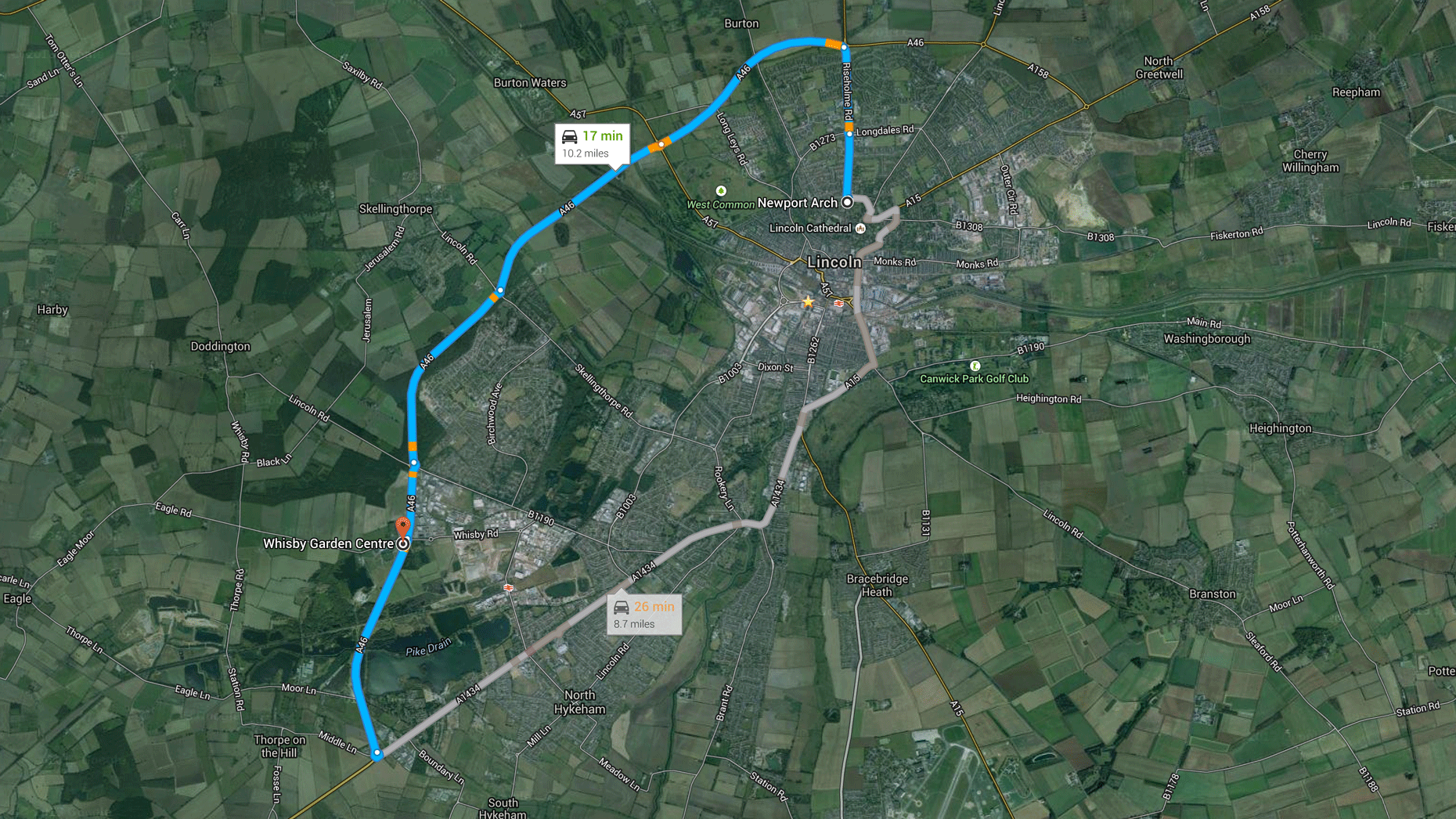 The route of the Lincoln Castle park & ride service from Whisby Garden Centre off the A46 to Newport in Lincoln. Image: Google Maps
