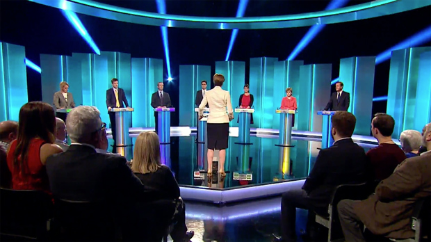 The ITV Leaders' Debate between David Cameron, Ed Miliband, Nick Clegg, Nigel Farage, Nicola Sturgeon, Natalie Bennett and Leanne Wood,