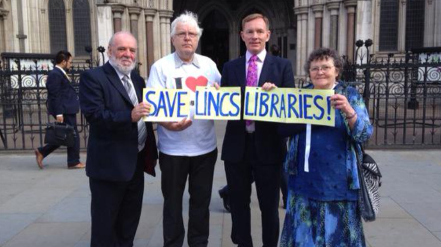 Save Lincolnshire Libraries campaigners outside High Court in London. 