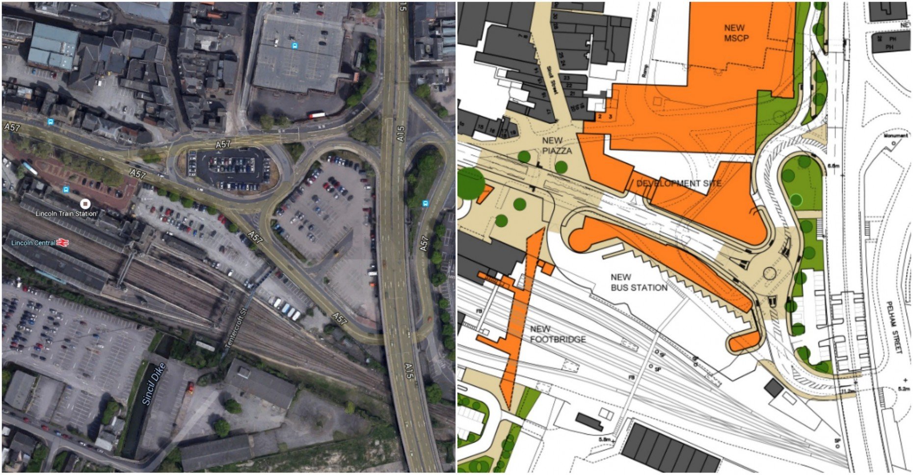 Before and after: The city centre landscape will change to accommodate the new Lincoln Transport Hub.
