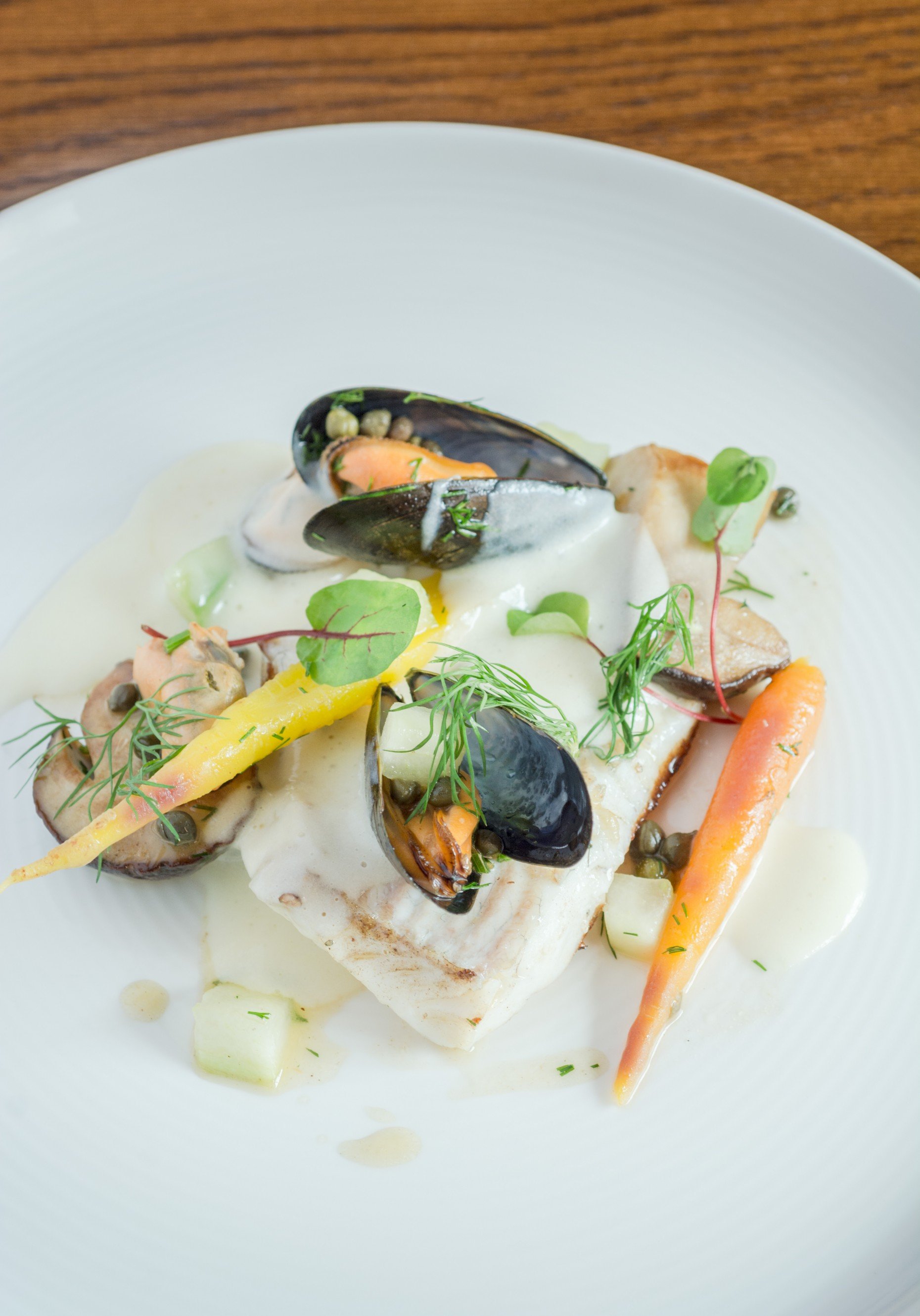 Roast Turbot, Smoked Mussels, Capers, Wild Mushrooms and Yukon Gold Foam (as featured in the Lincolnshire Cook Book. ).