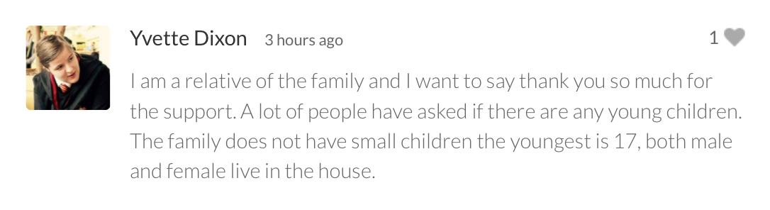 Message left on the fundraising page set up for the Taylors.