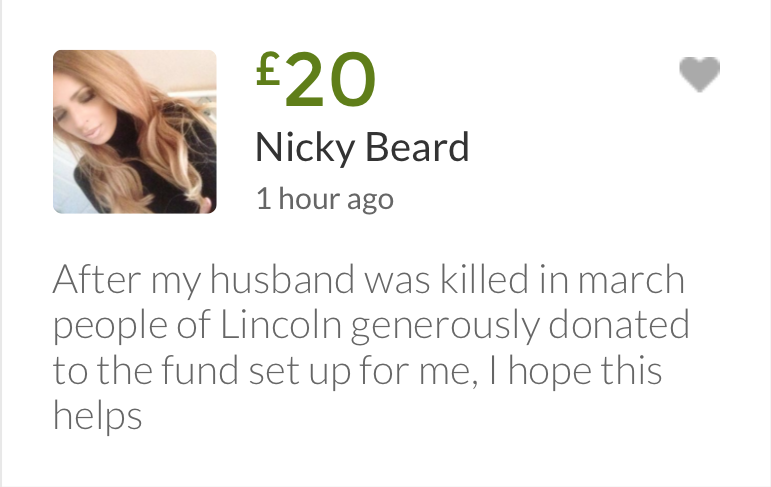 Message left by Nicky Beard, who was helped by donations after her husband sadly died in Lincoln earlier in the year.