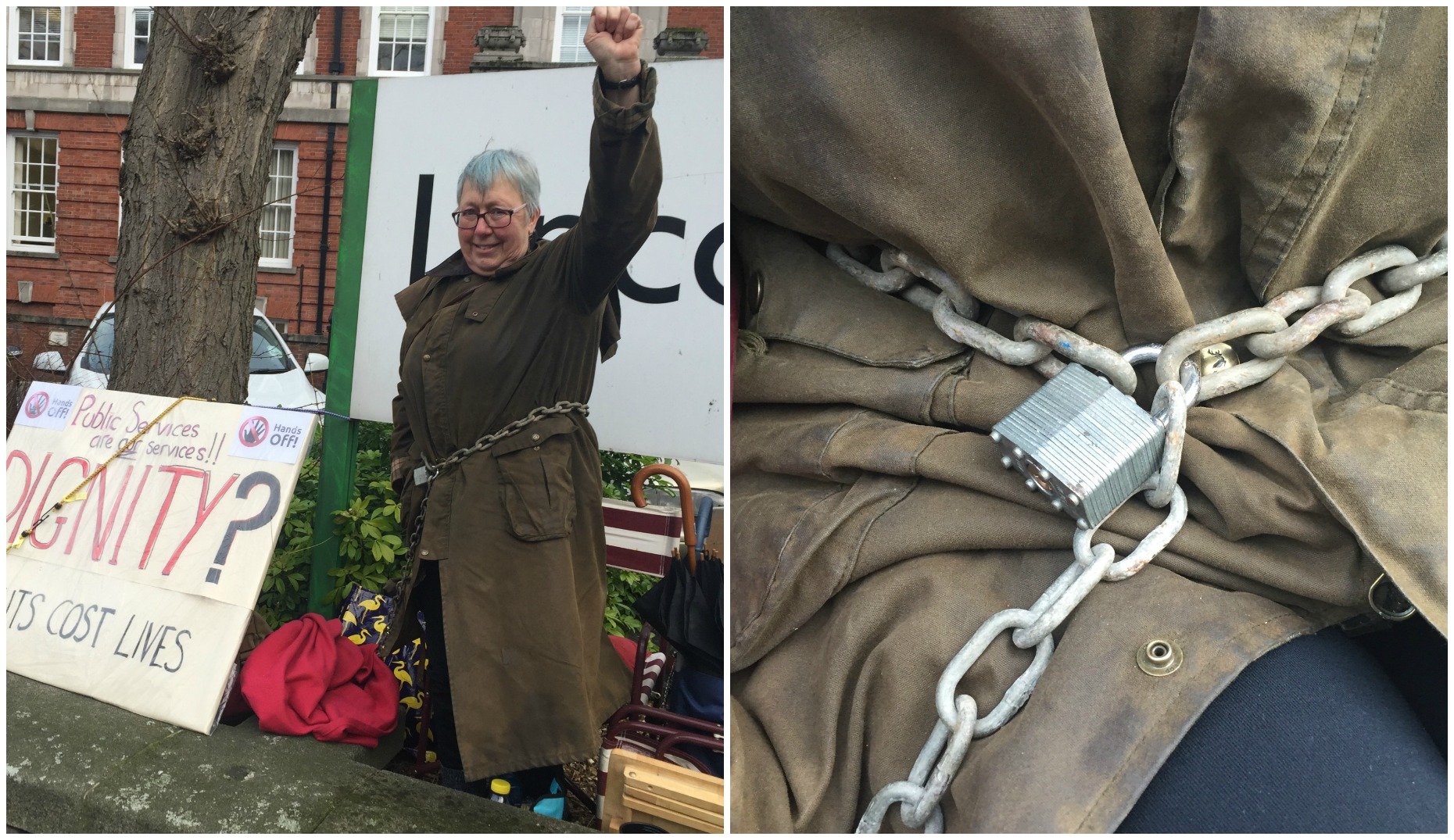 Elaine Smith chained her self to the Lincolnshire County Council sign in order to get her message out. 