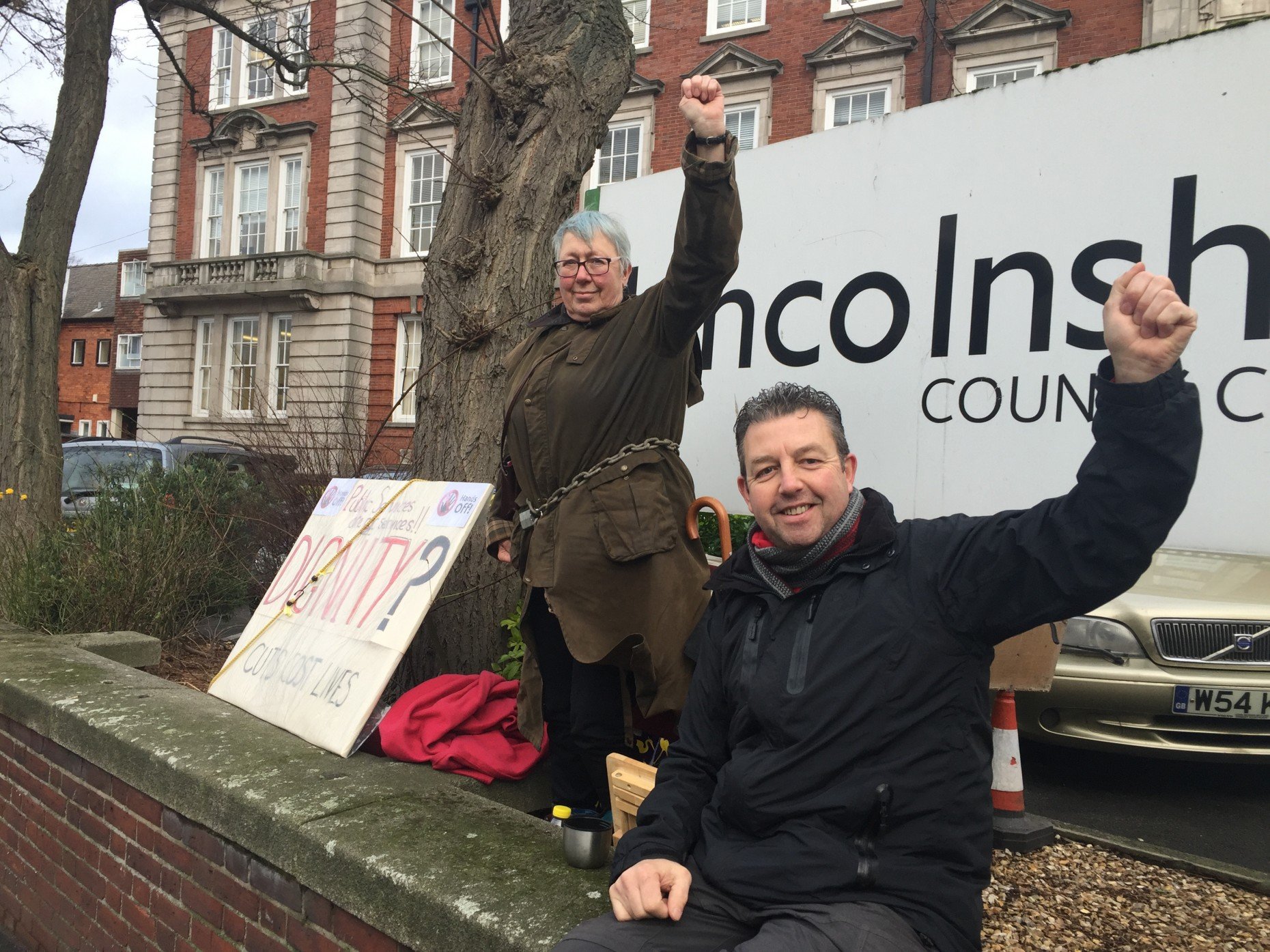 Elaine Smith and Peaceful Warrior outside Lincolnshire County Council offices. 