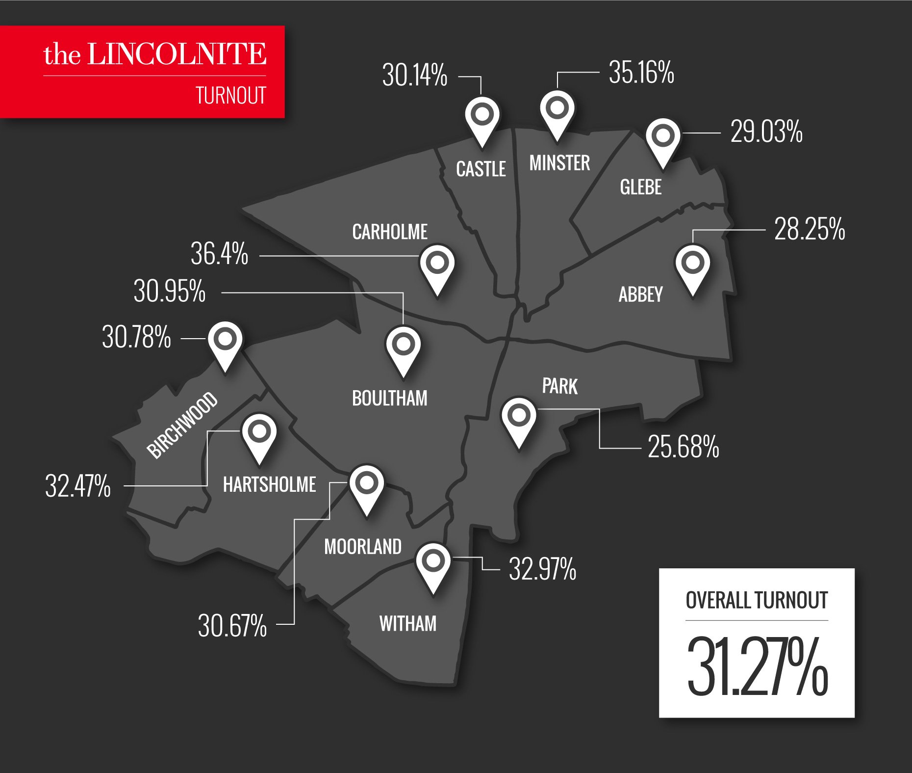 Turnout map for the 2016 City of Lincoln Council election. Photo: The Lincolnite