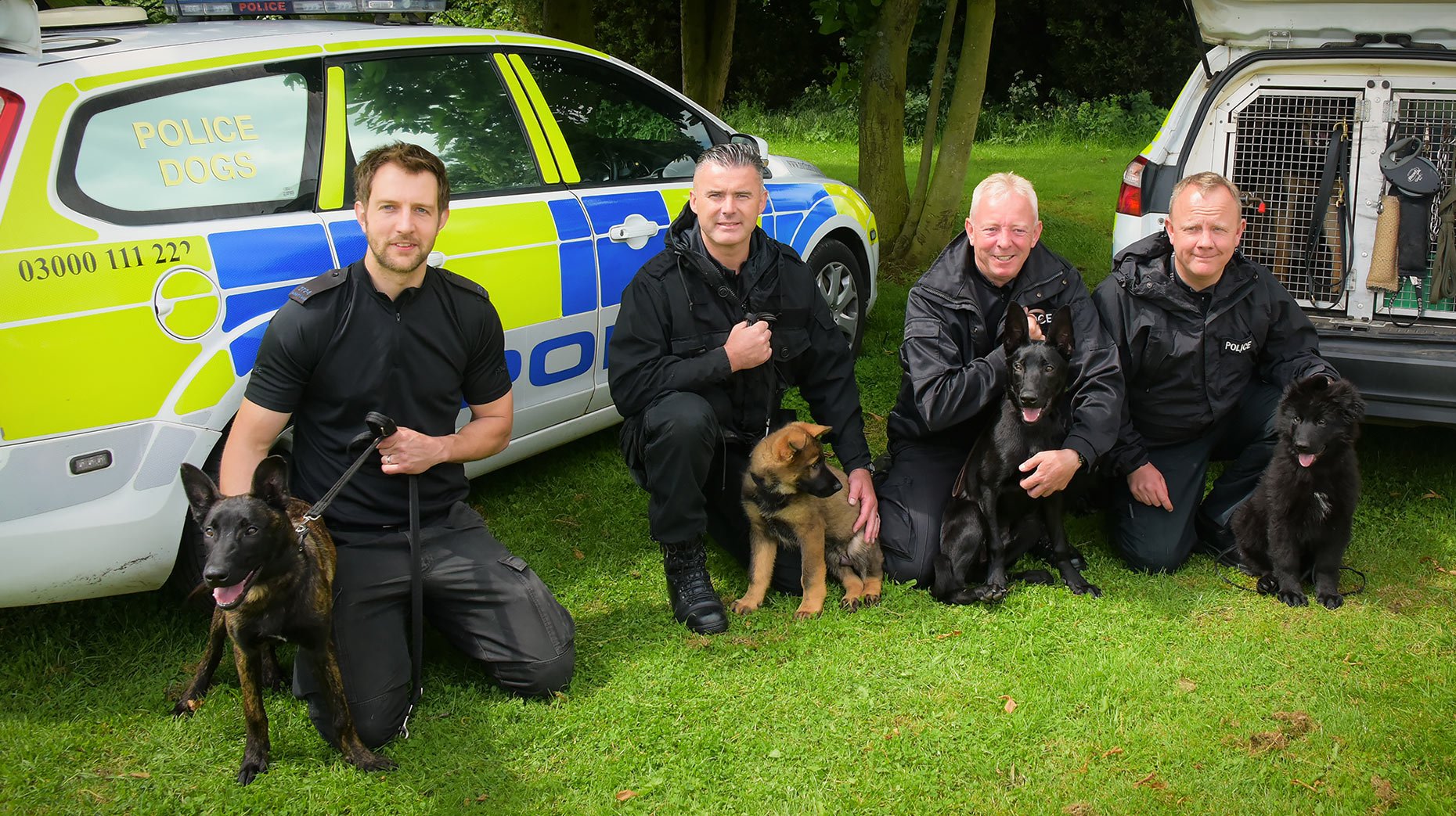 From left to right: PC Mark Haywood and Riggs, PC Jon Peacock and Olly, PC Stu Hazard and Lionel and PC Ian McDonald and Mac.